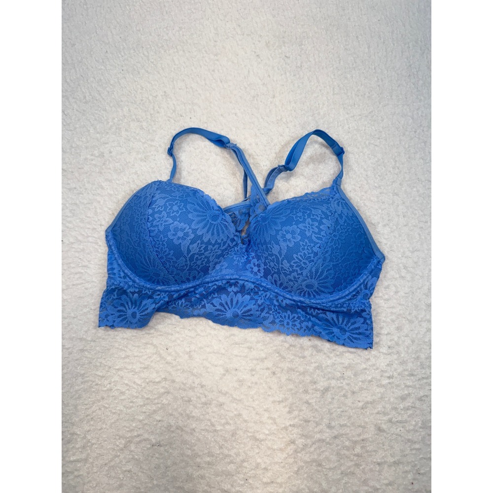 Victorias Secret PINK Lace Push Up Bralette Blue Floral Strappy Back Medium